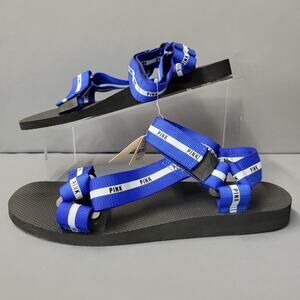 Victorias Secret Pink Sandals Women Med 7-8 Blue White Logo Adjustable Striped